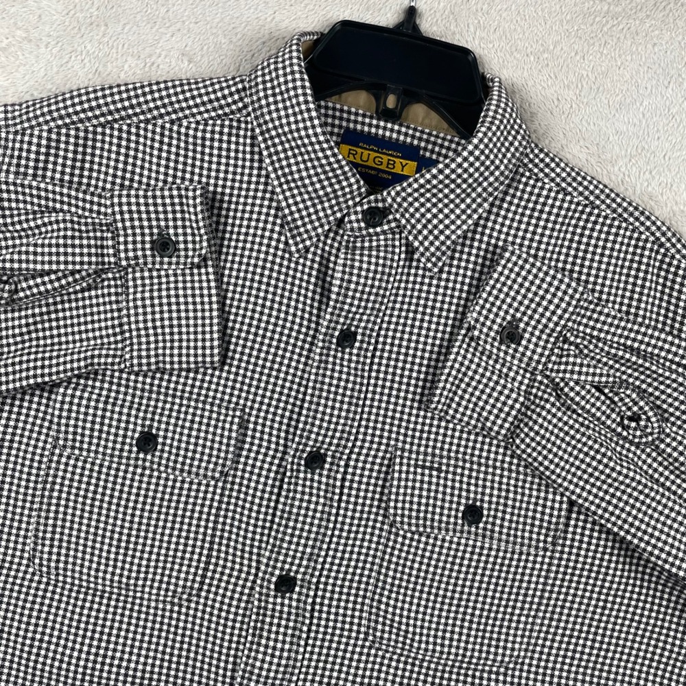 Vintage Ralph Lauren Rugby Flannel Shirt Mens Large Black Gingham Check Pockets